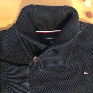 Tommy Hilfiger Men XL Navy Cotton Knit Long Sleeve Button Collared Neck Pullover